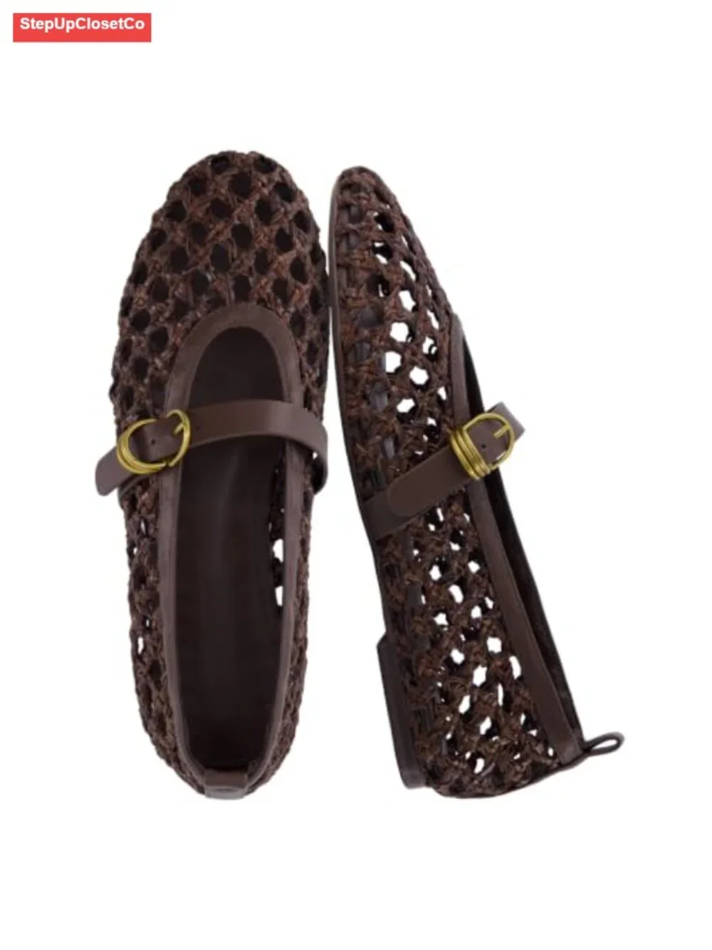 Woven Mary Jane Flats with Memory Foam Adjustable Buckle Almond Toe